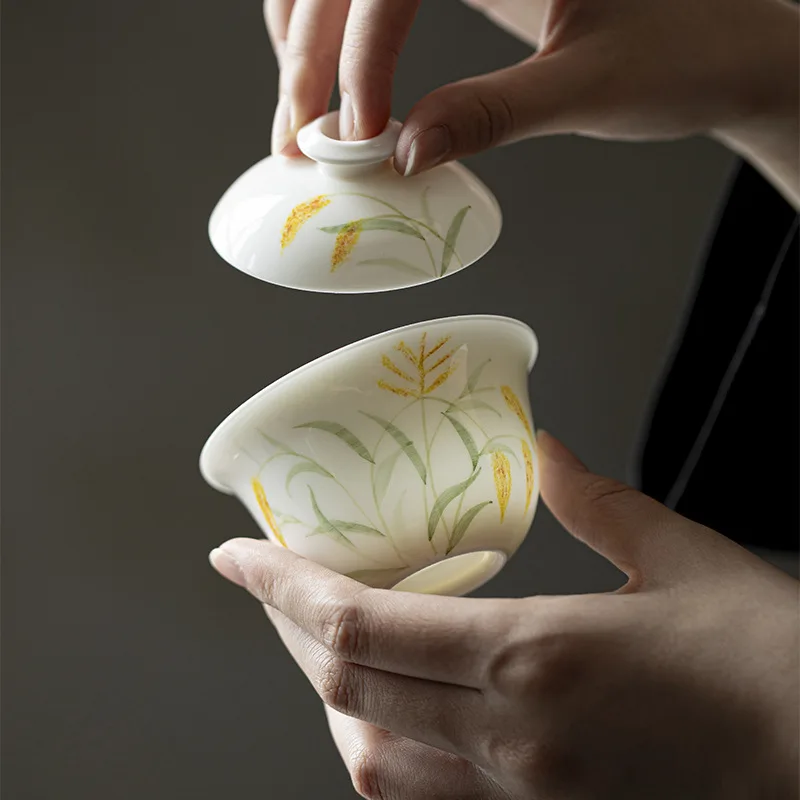 Clay White Hand-painted Wheat Ear Kung Fu Set Jade Porcelain Gaiwan for Home Use Small Tea Bowl