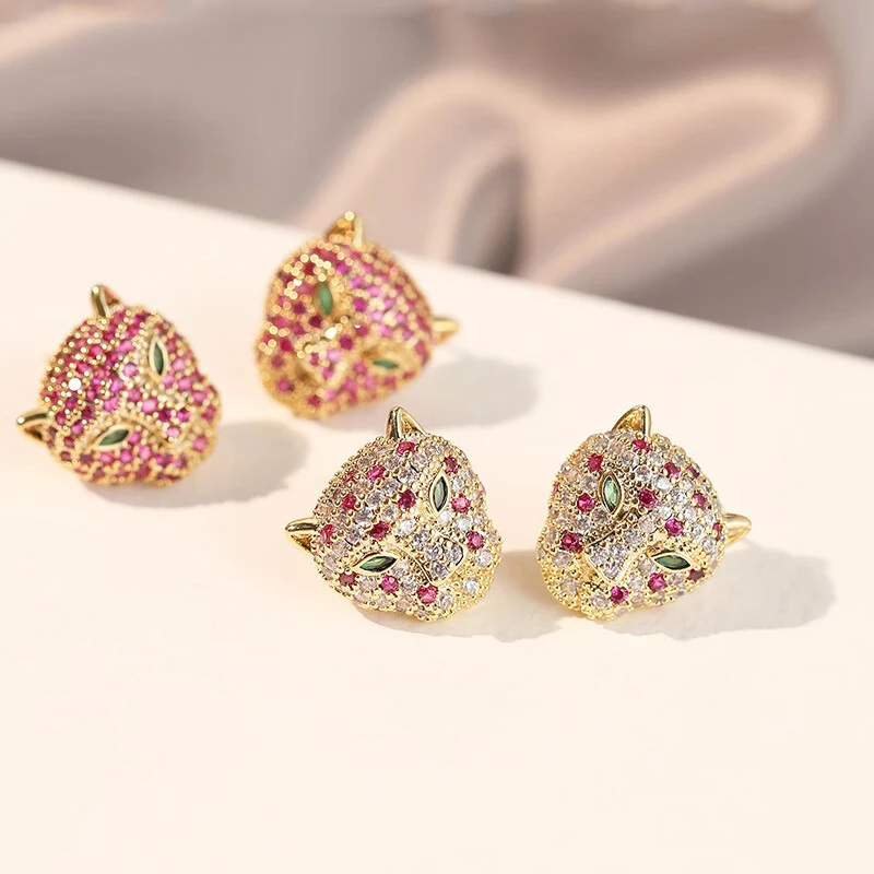 Fashion Leopard Animal Studs Earrings Sparkling Colored Crystal Zircon S925 Silver Needle Ear Stud Panther Head Earrings Jewelry