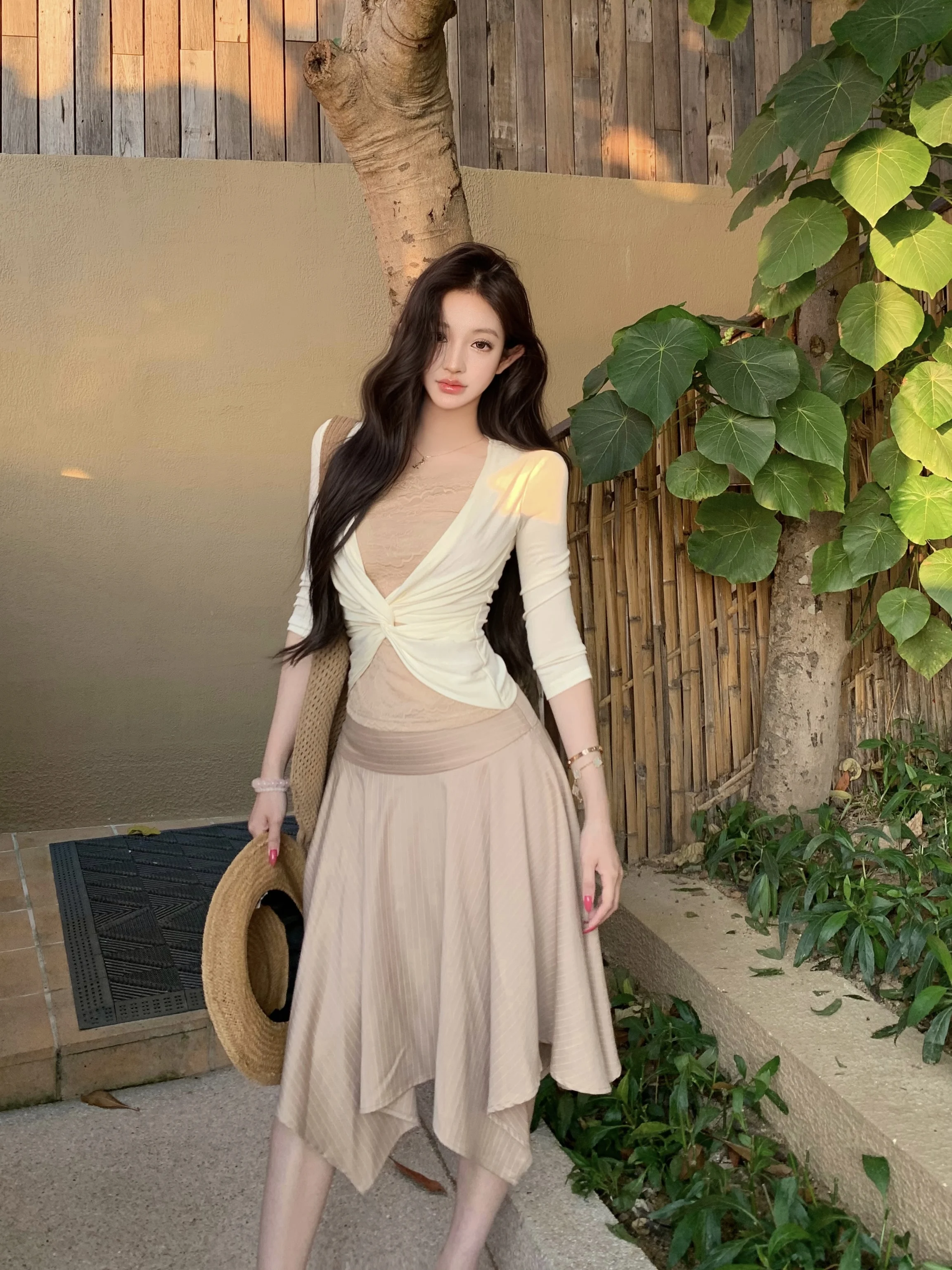 

Color Block Long Sleeve T-Shirt Top High Waist Skirt Set Women's Fashion Summer Outfit Slimming A-Line Skirt Two-Piece Set