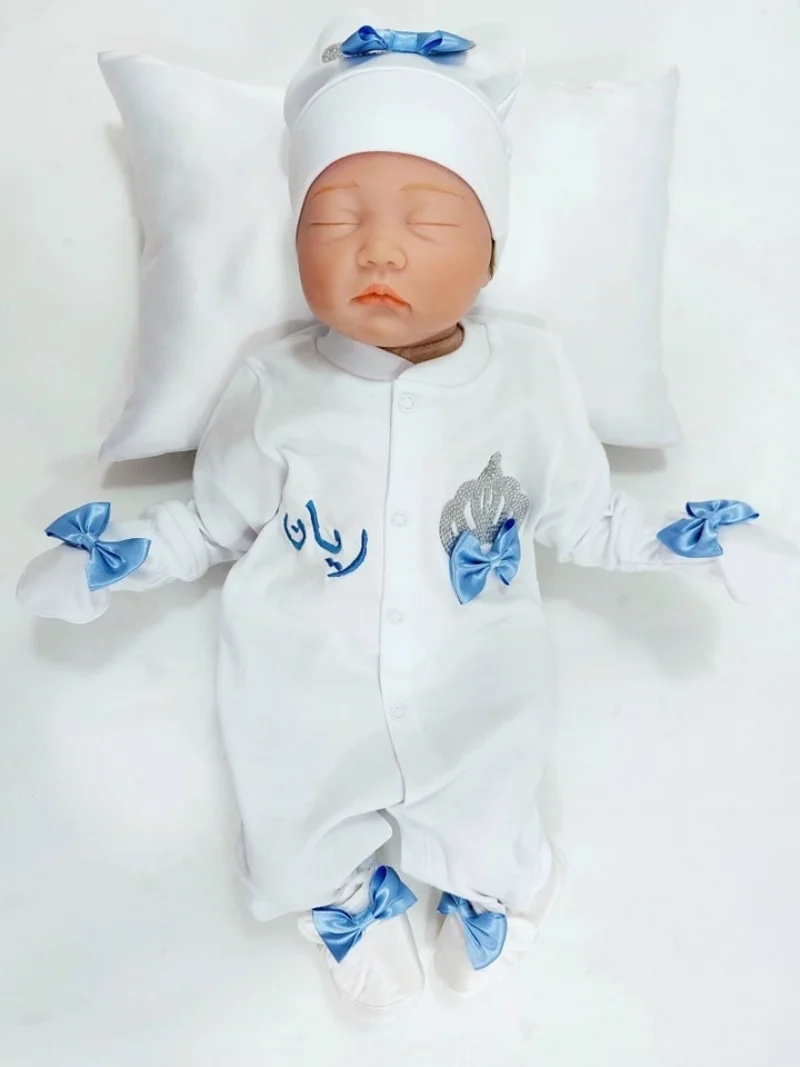 Any Name Embroidery Gift Set Newborn Baby angle wing  3pcs Outfits 0-3m Pajamas Hat Mittens Welcome Home Ceremonial dress