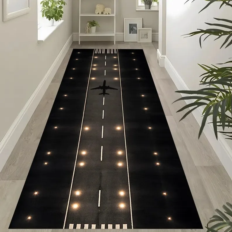 Night Airport Runway Print Runner Rug Anti-slip Long Floor Mat for Hallway Airplane Themed Soft Carpet for Playroom Bedroom