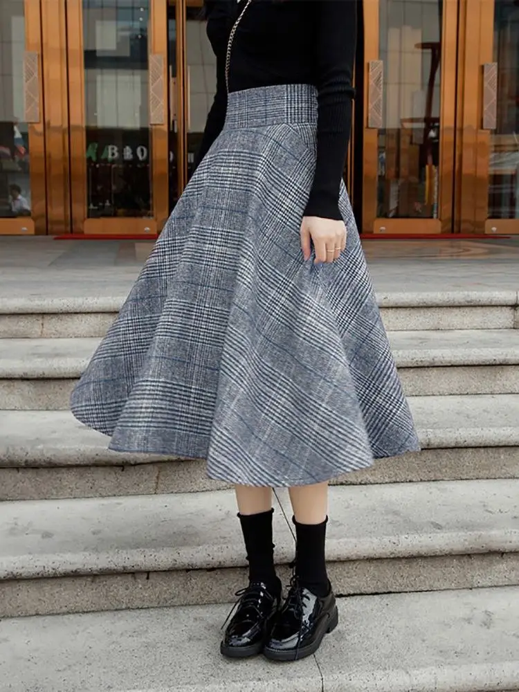 England Style Grey Plaid skirt High Waist Midi Skirts Woolen A Line Pleated Winter Women Tartan Skirts S-5XL