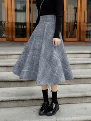 Styl angielski szary spódnica w kratę wysokiej talii spódnice Midi wełniana linia plisowane zimowe kobiety Tartan spódnice S-5XL