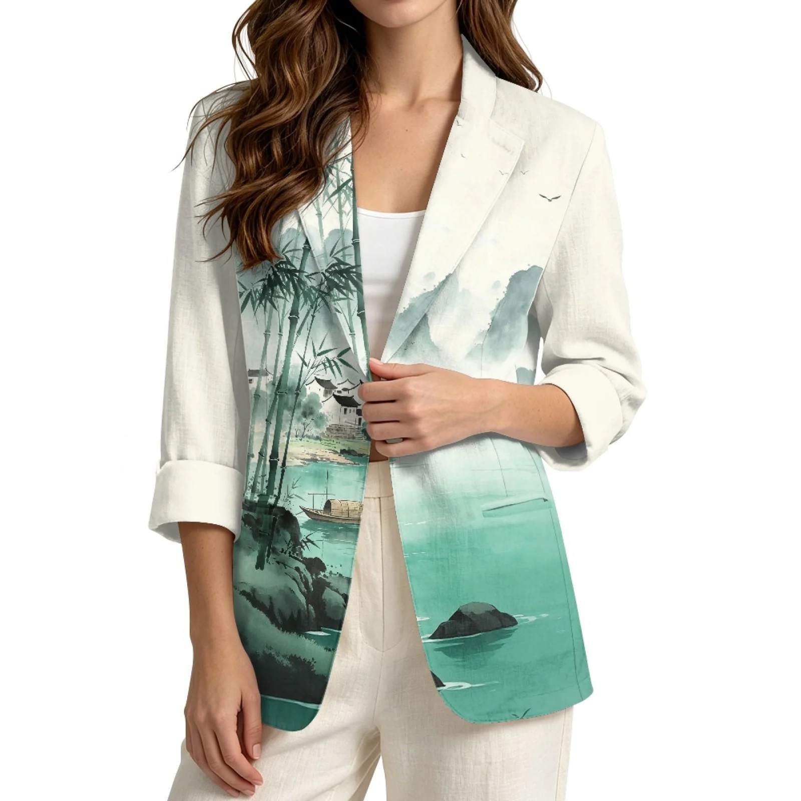 PENSTROLL River Landscape Loose Fall Jackets for Daily Linen Like Beach Jackets S-3XL