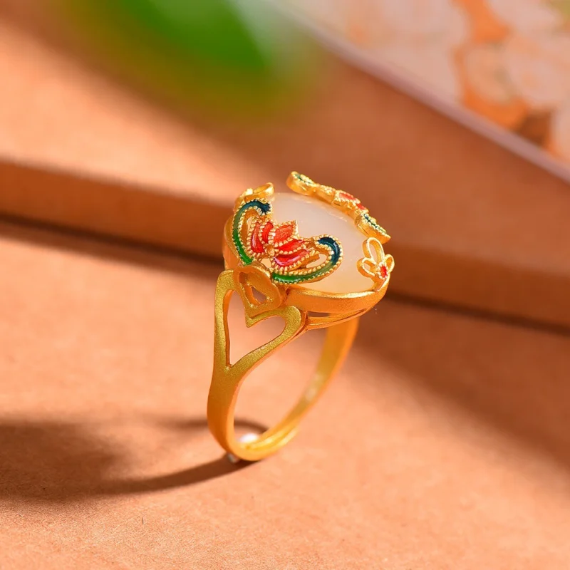 

Кольцо унисекс с белой поверхностью S925 Hetian Linlang, серебряное, позолоченное, инкрустированное нефритом