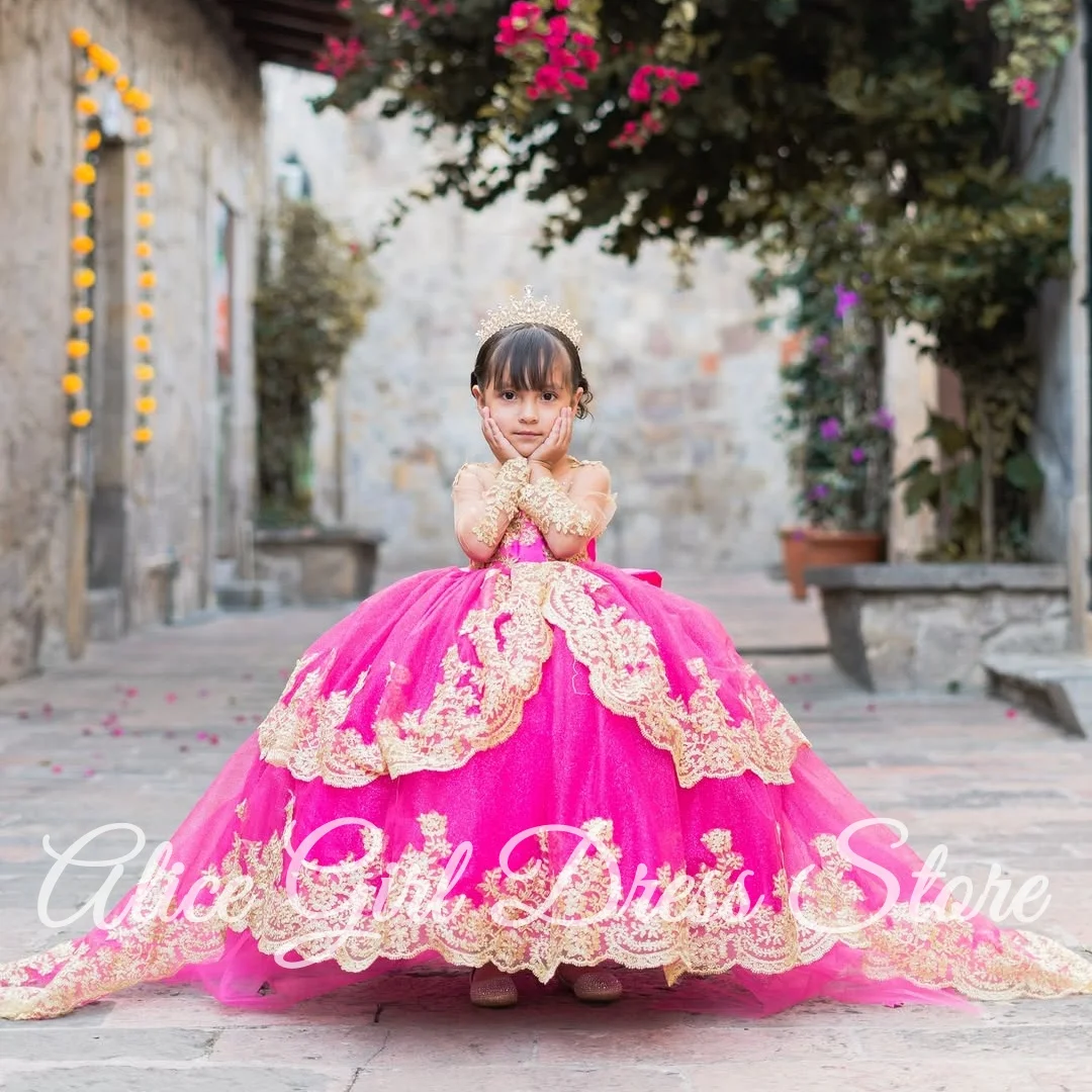 

Customized Pink Flower Girl Dresses for Wedding Party Dresses With Bow Lace Appliques Baby Girl Birthday Party Ball Gowns