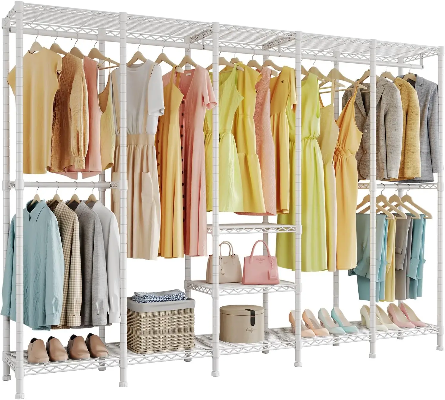 Extra Large Heavy Duty Freestanding Wire Garment Storage Organizer Adjustable Multi Storage Shelves High Load White Household Open Wardrobe System For Daily Clothing Hanging Storage