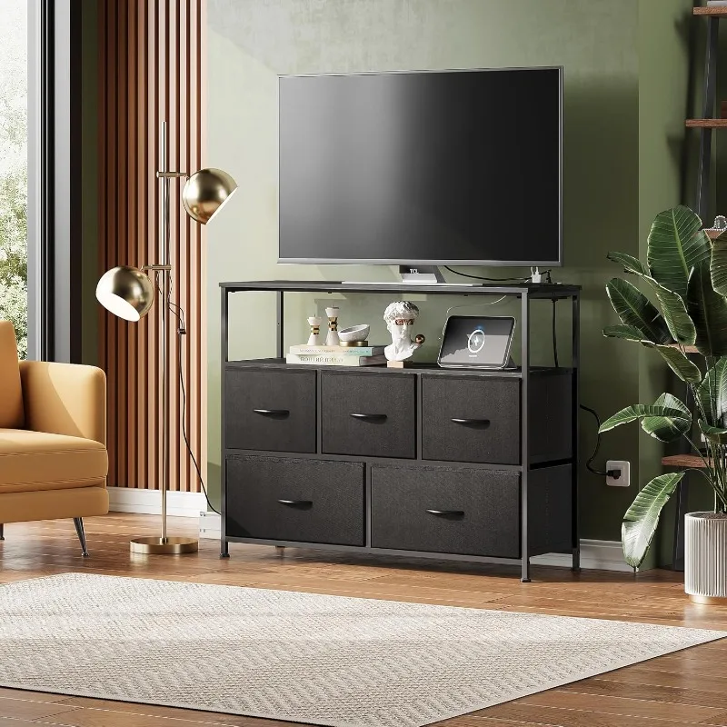 Dresser TV Stand for 45 Inch TV, Entertainment Center with Open Shelf and Power Outlet, Black Fabric Dressers