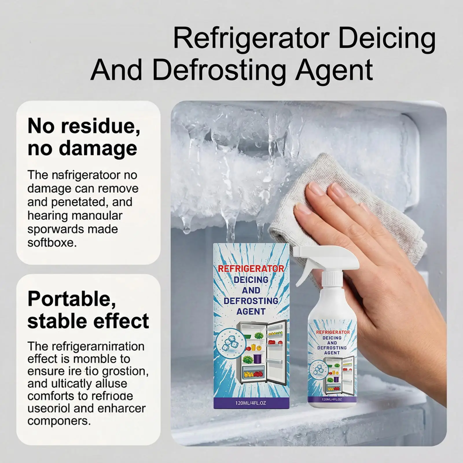 Freezer Frost Remover 120ml Fridge Freezer Defrosting Spray Ice Removal Spray Quickly Removes Ice Buildup Spray with Shovel