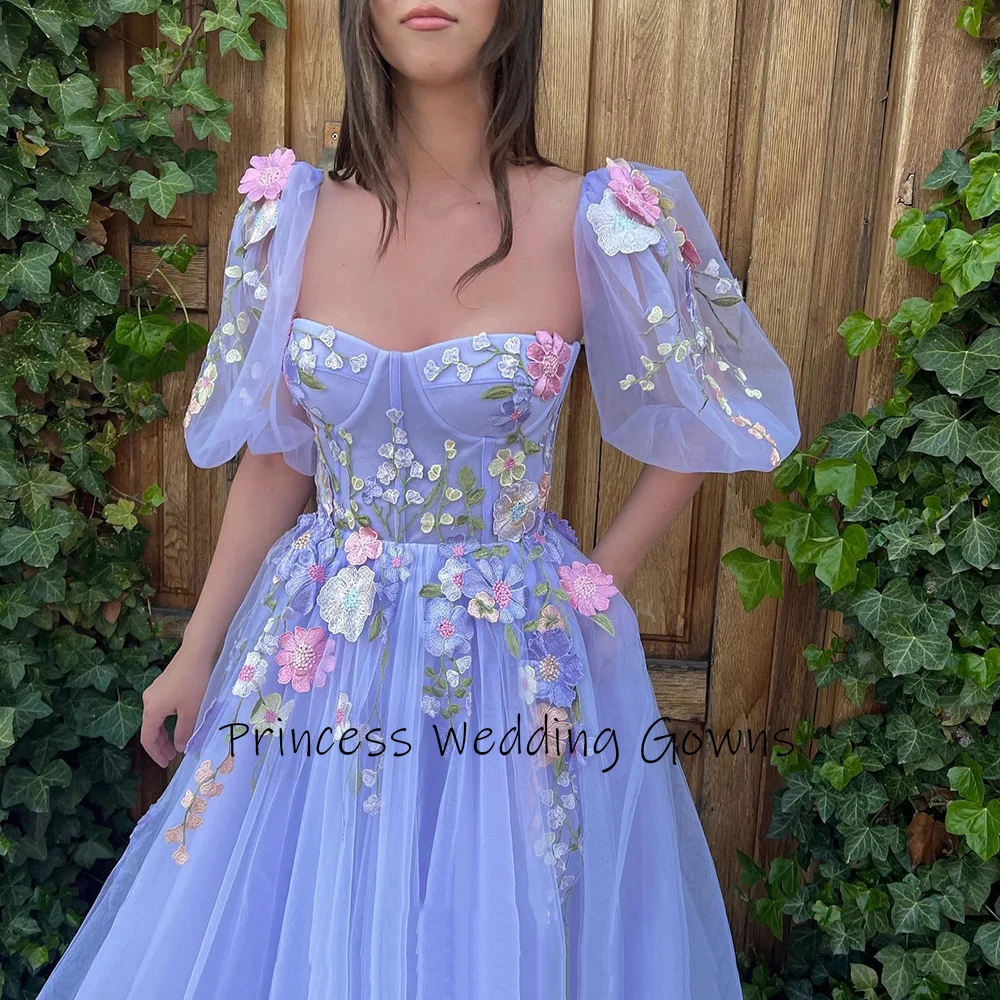 Yipeisha Fashion high quality	lavender Prom Dresses A-line Sweet Heart Shory Puff Sleeves With Flower Formal Evening Dreess