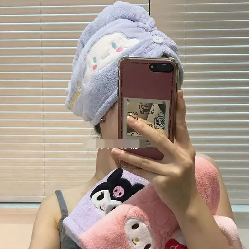 Sanrio Hello kitty Kuromi Cinnamoroll My melody lucu kreatif kartun bordir pola rumah baru coral beludru kering topi rambut