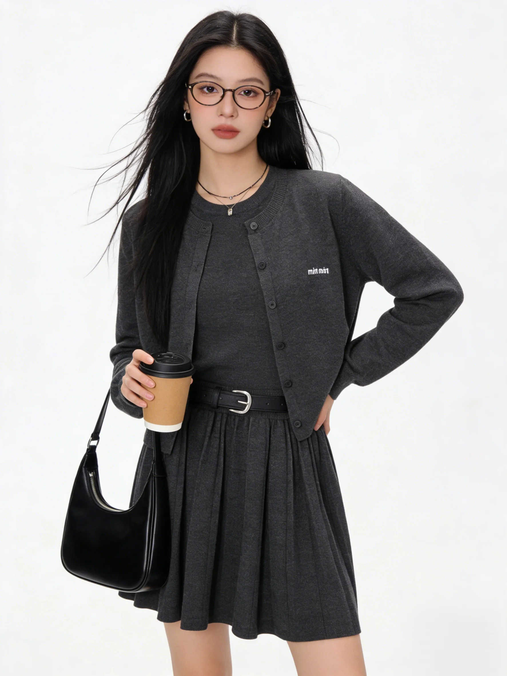 

Korean Style College Fashion Short Knitted Open Cardigan Versatile Slimming Waist Cinched Drapey Vest Skirt Set for Women