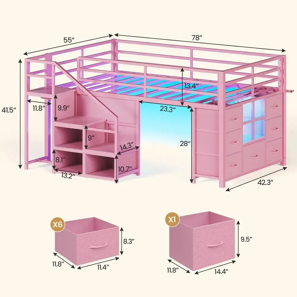 Twin Size Kids Loft Bed with Stairs, LED Lights, 7 Drawers, 3 Open Shelves, Clothes Rail, Safety Rail, Under-Bed Play Area, Pink