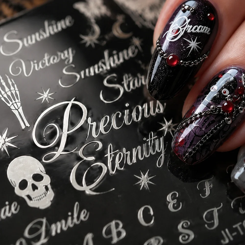 1Pc Dark Gothic Quote Nail Stamping Plate Old English Words Skull Butterfly Star Pattern Reusable DIY Home Manicure Supplies