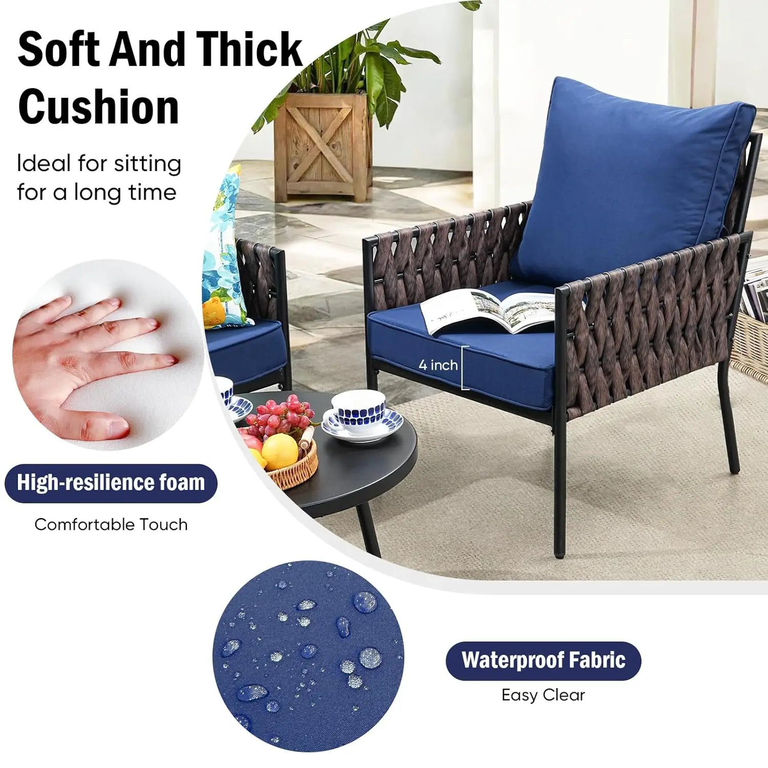 5 Pieces Patio Furniture Set, Patio Conversation Set with Armchairs, Wide Jumbo Rope Wicker Deep Seating with 2 Round Side Table