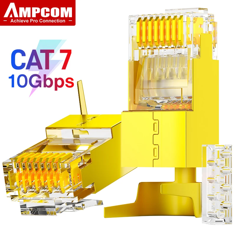 AMPCOM CAT7 RJ45 Connector Shielded STP Non-Pass Through with Load Bar 50U Gold Plated Pins for 10Gps 22-24AWG CAT7/6A Cable