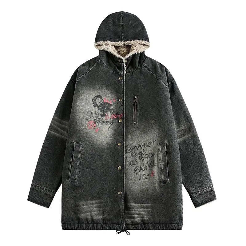 

Winter Warm Fleece Lined Parka Coats Vintage Printed Casual Outwear Tops For Male Thermal