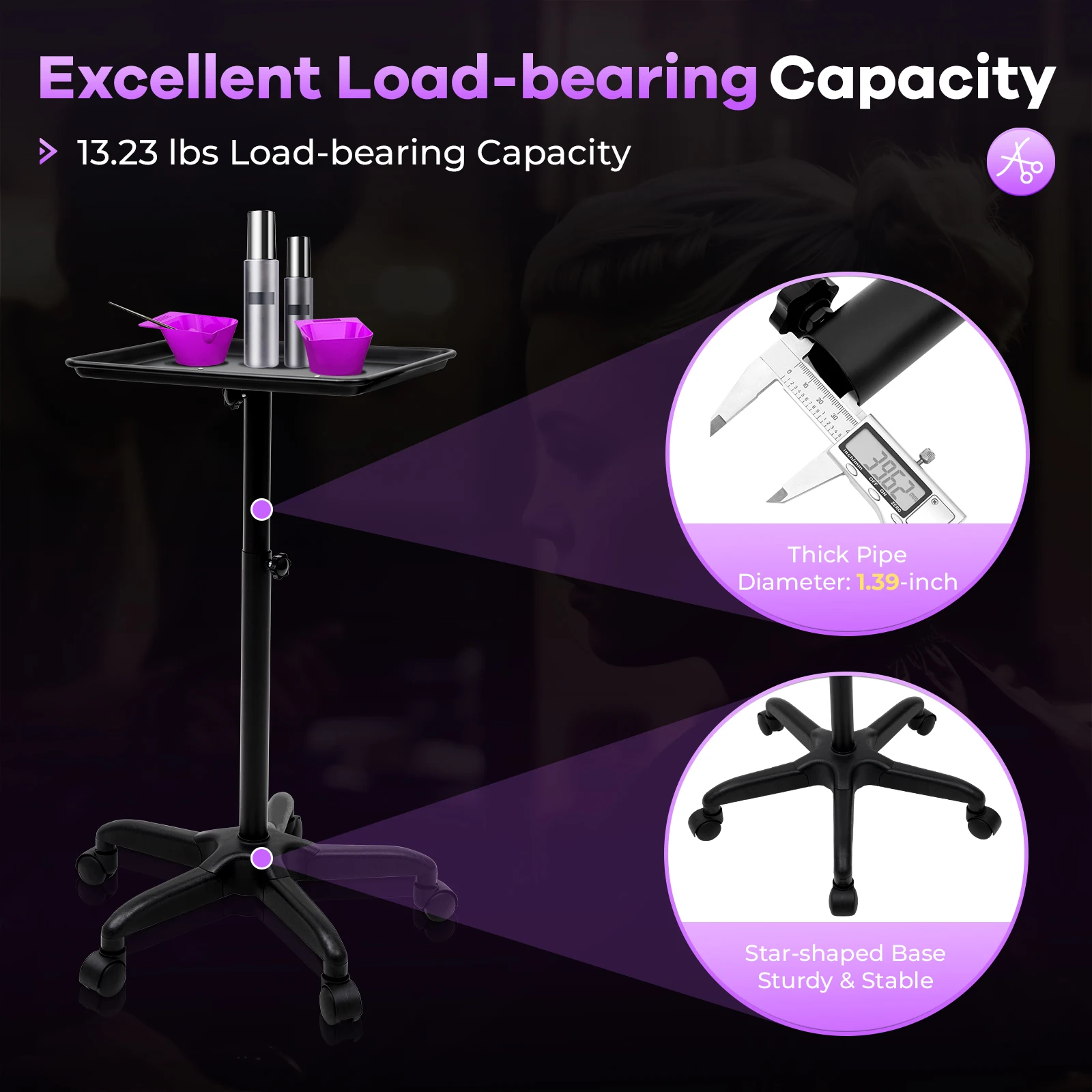 Height Adjustale Salon Trolley Large Capacity Salon Mobile Cart Hairdressing Tool Car Excellent Load-bearing Capacity Black