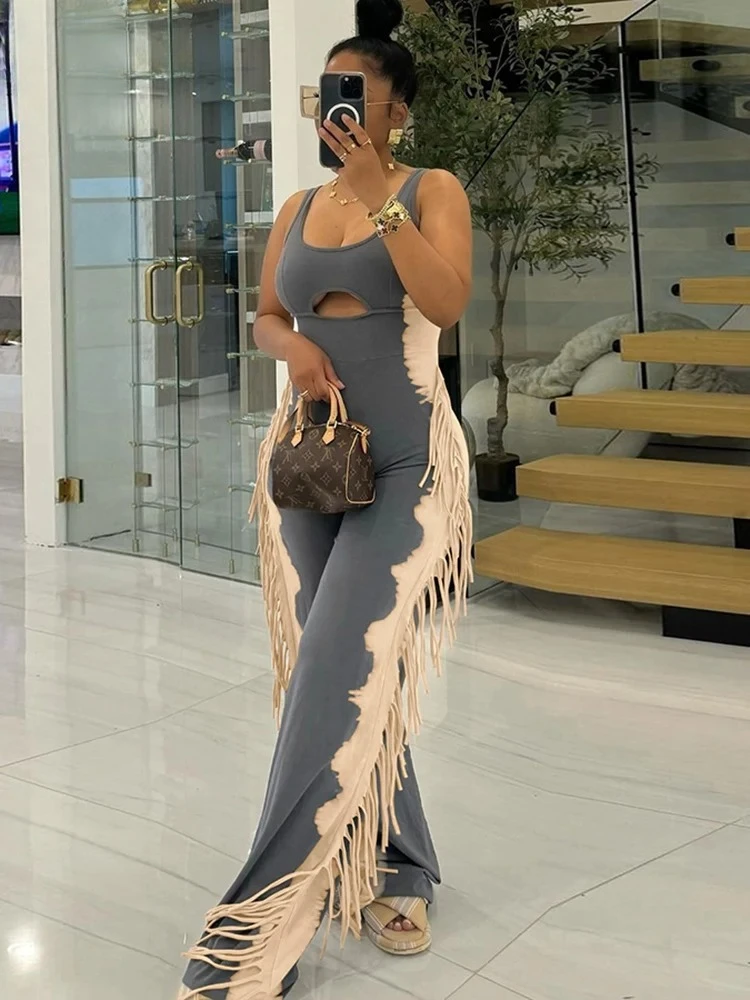 

Женские комбинезоны с бахромой и вставками, повседневные, в уличном стиле, с U-образным вырезом, без рукавов, с вырезами, уникальный стильный наряд