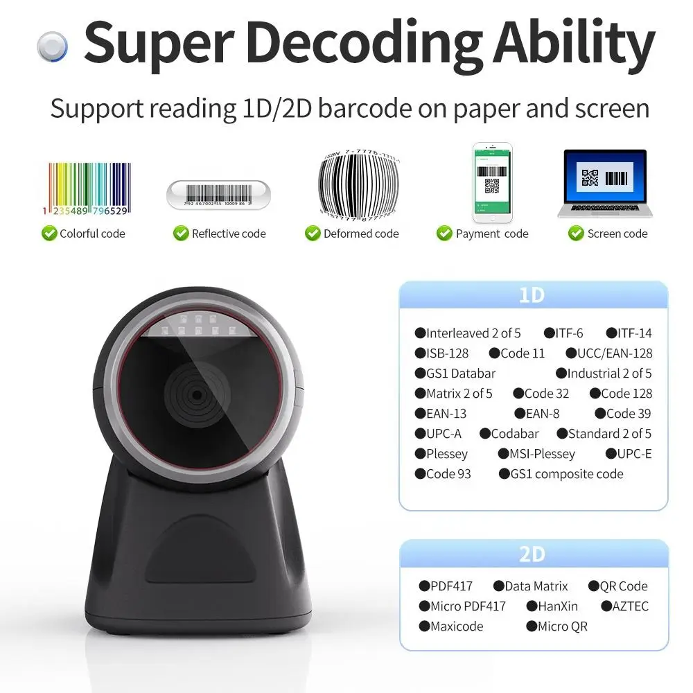 

Desktop 2D Barcode Scanner Omnidirectional Automatic 1D 2D QR Code Data Matrix PDF417 Bar Code Reader USB for Retail Supermarket