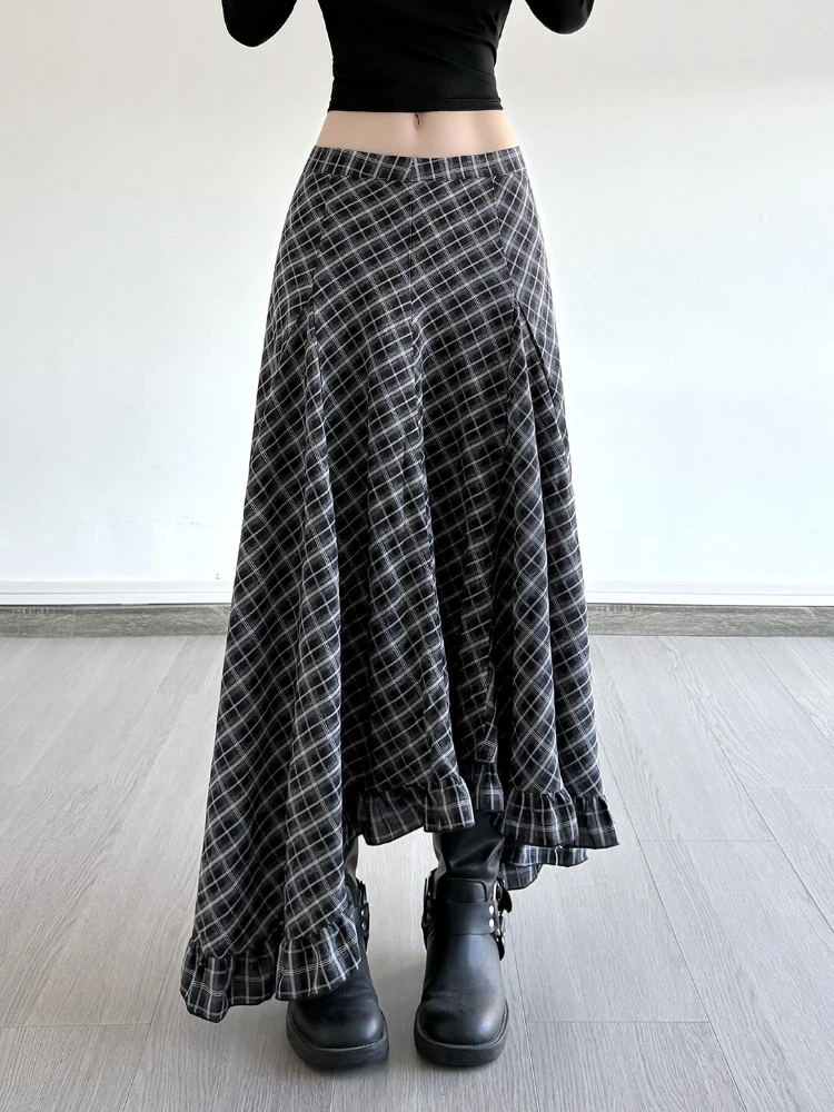 

Korobov preppy autumn low waist irregular plaid Slight Strech