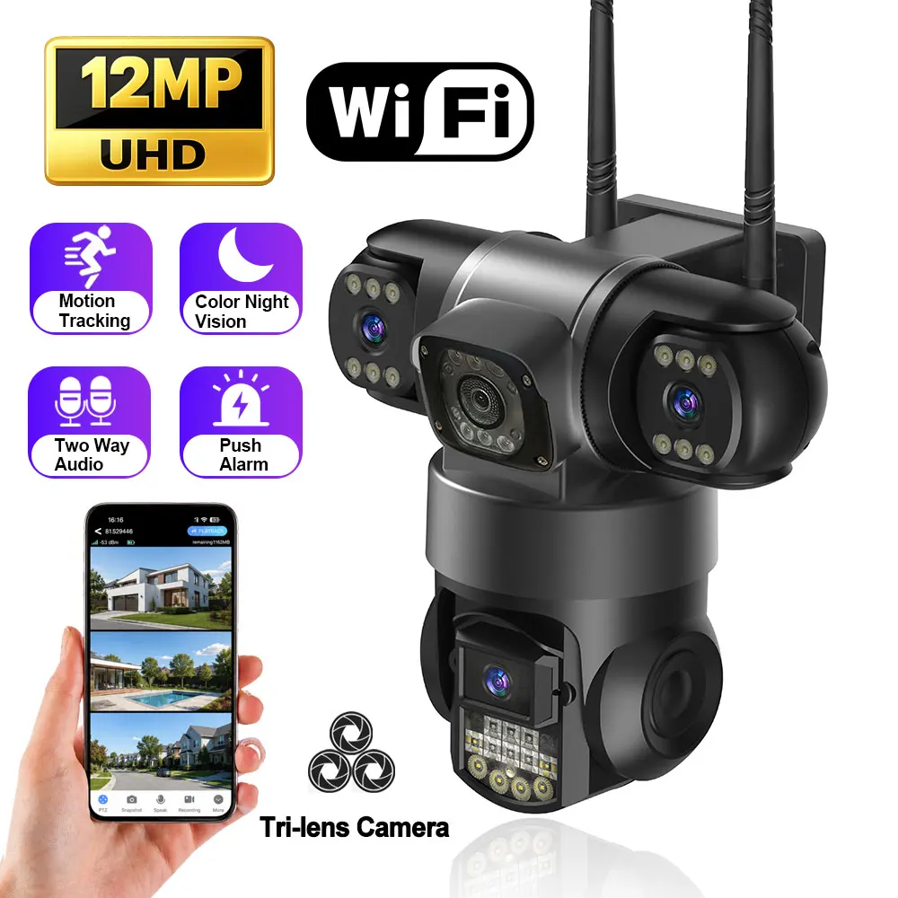 Caméra de sécurité WiFi à triple objectif 12MP, vision nocturne infrarouge couleur, détection humaine, conversation bidirectionnelle, alarme vocale, stockage sur carte SD et cloud, caméra de surveillance extérieure pour la maison