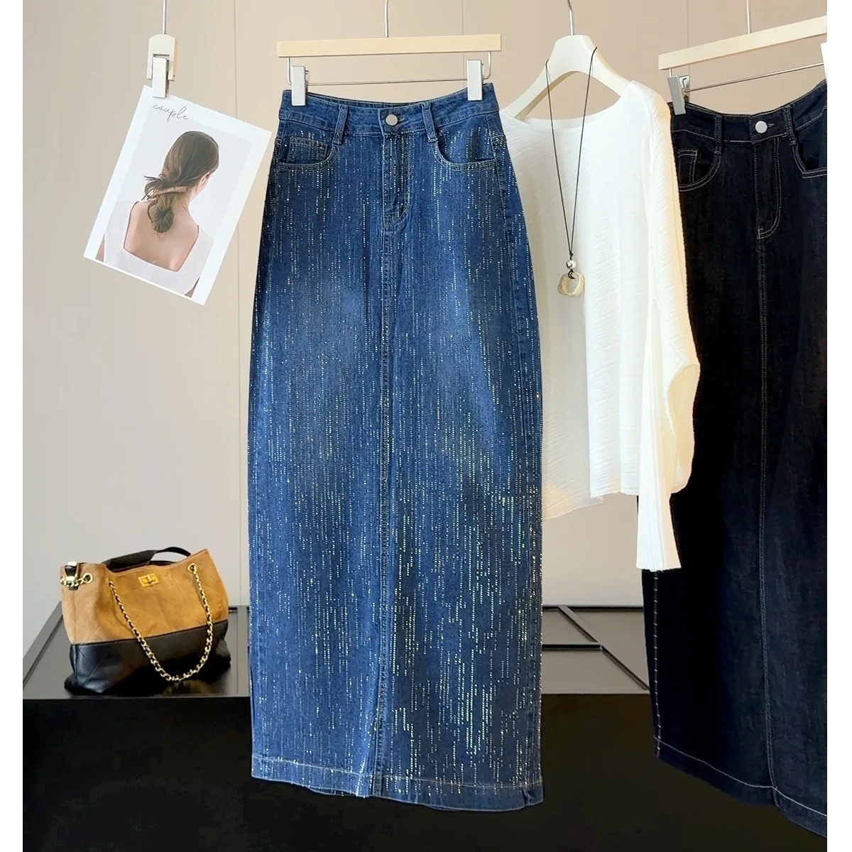 Heavy Duty Rhinestone Denim Asymmetrical High Waist Skirt Women's Autumn Long Skirt Slimming High Waist Wrap around Skirt
