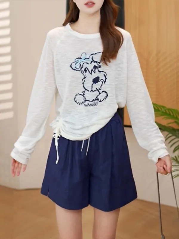 Women's Lightweight Long Sleeve T-Shirt Sun Protection Drawstring Hem  Knot Design Commute Style Ultra-Short Length