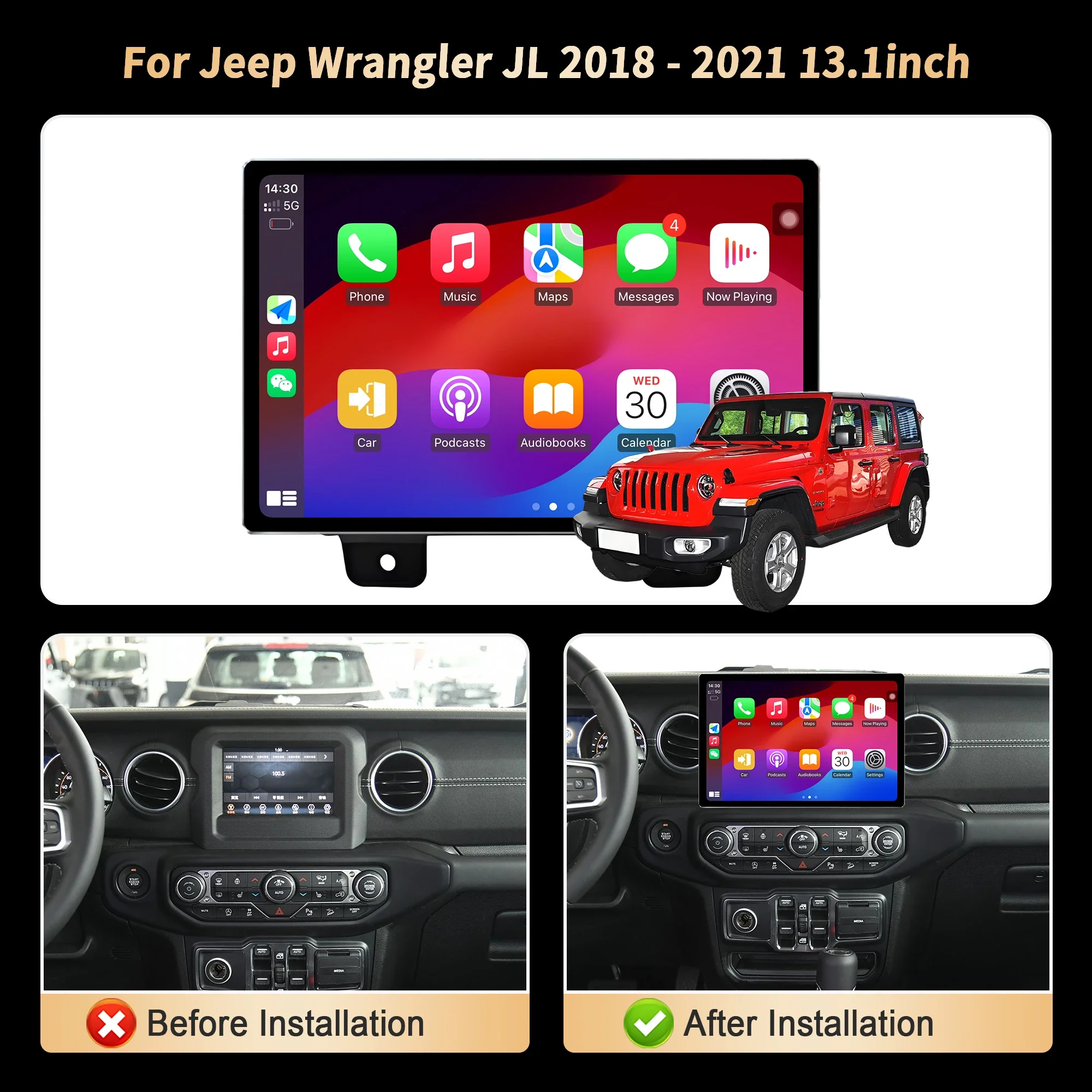 13.1 inch Android For Jeep Wrangler JL 2018 - 2021 Car Radio Wireless Bluetooth Carplay GPS Multimedia  Stereo Touch QLED Screen