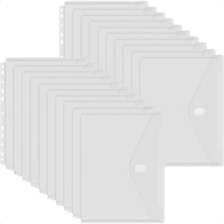 

11 Holes Clear Poly Envelope Binders Pocket Insert with Hook and Loop Closure Letter Size 20 Packs Transparent