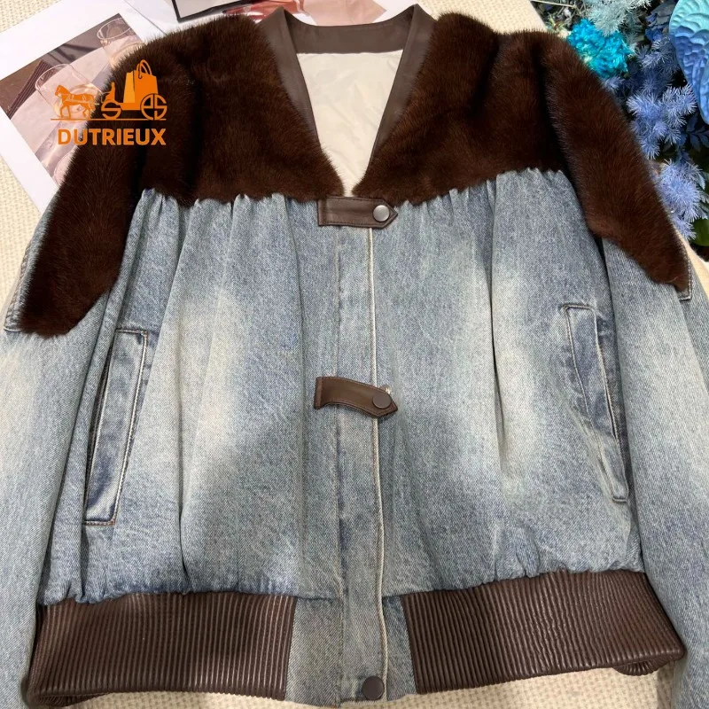 Novo inverno para baixo jaqueta para mulher curto com decote em v pele de vison costura personalizado-tingido denim 90 branco ganso para baixo jaqueta casaco quente para mulher