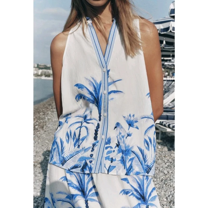 Conjunto de Saia Midi com Estampa Floral Tropical, Decote em V, Sem Mangas, Verão 2025, Conjunto de Moda, Calças Cridas, M...