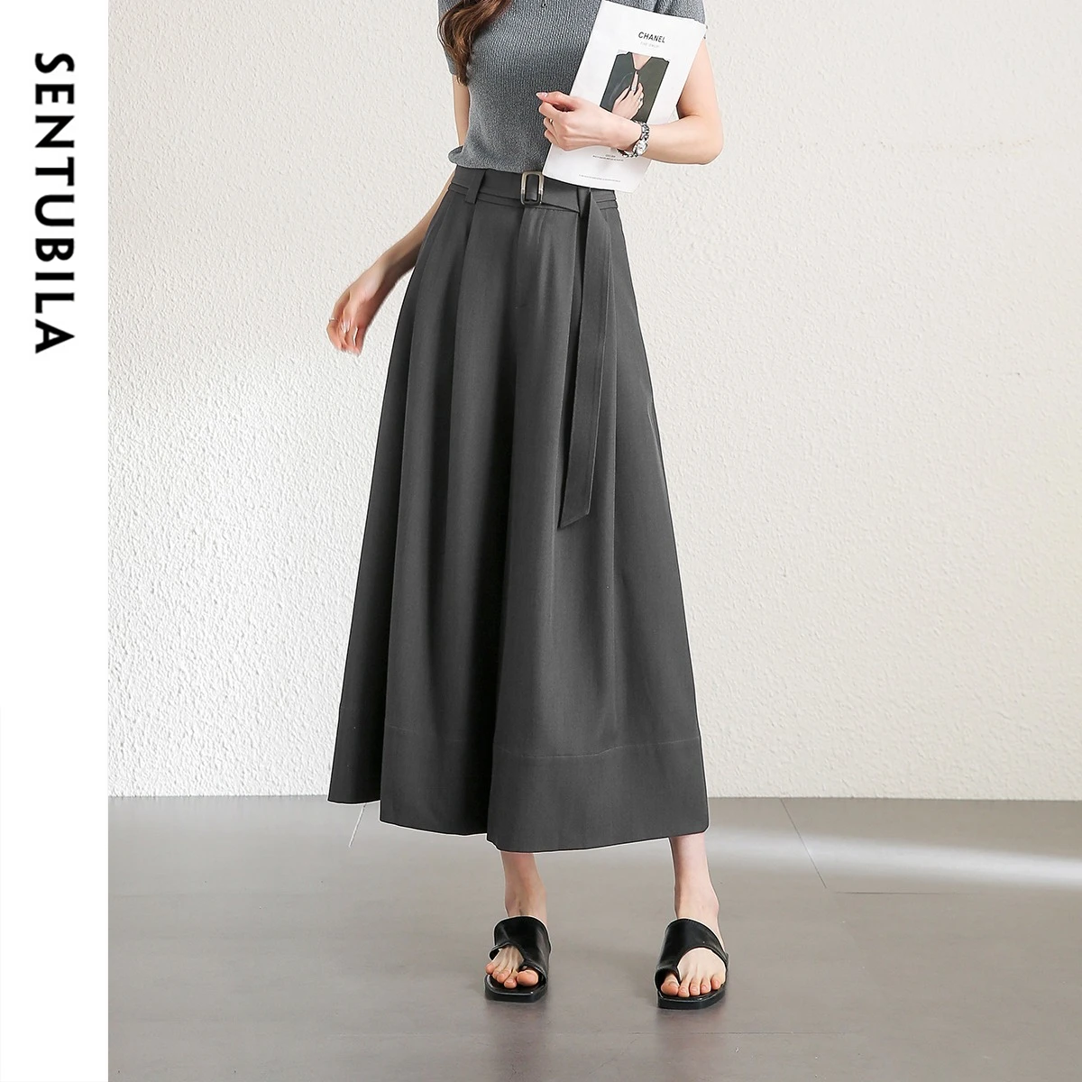 SENTUBILA Women's Wide Leg Cropped Pants 2026 Simple Dark Gray Trousers Ladies Belt Waist Calf-Length Baggy Pants 143K56845X