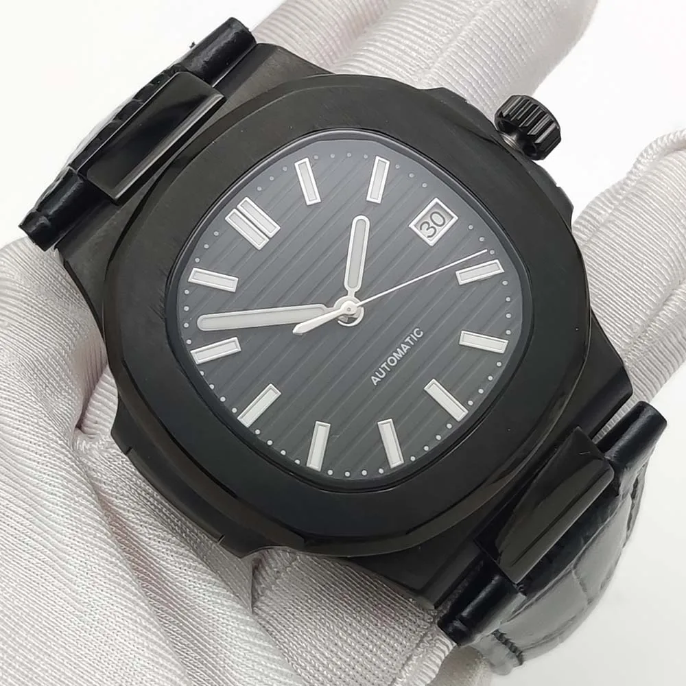 40MM Square Black Case Automatic Watch NH35 Calibre Luminous Sapphire Crystal Date Mechanical Men\'s Watch Leather straps