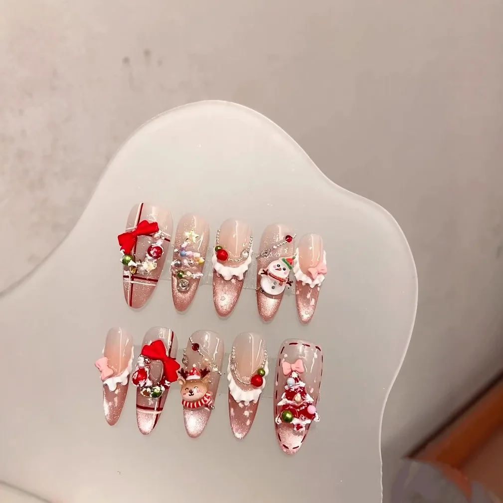 Handmade Christmas Press on Nails Shiny Cat Eye Design False Nails Wearable White Snowflakes Stars Christmas Tree Fake Nail Tips