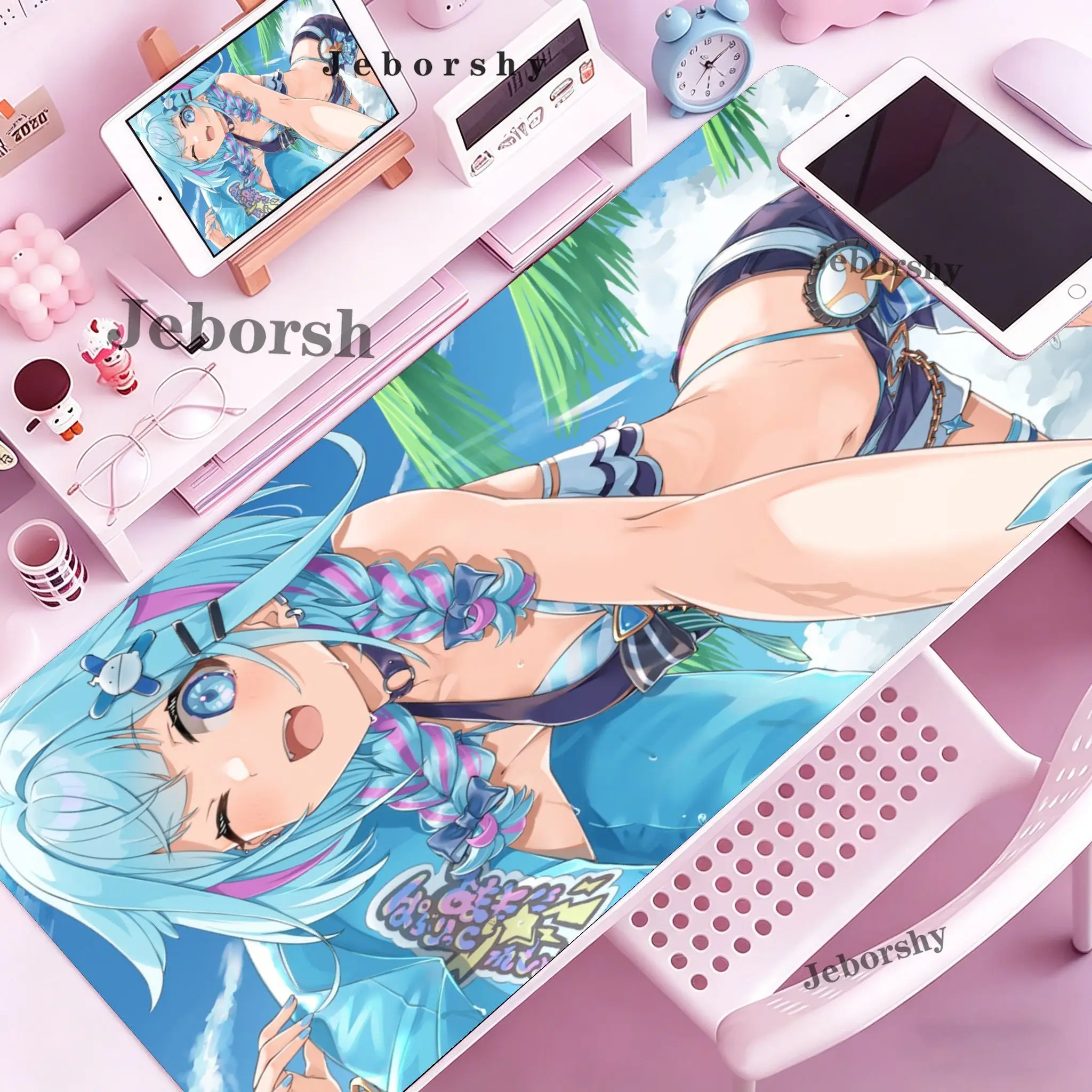 Fresh Seaside Healing Girl Large Computer Desk Mat, HD Print Non-slip Pad for Gaming & Study