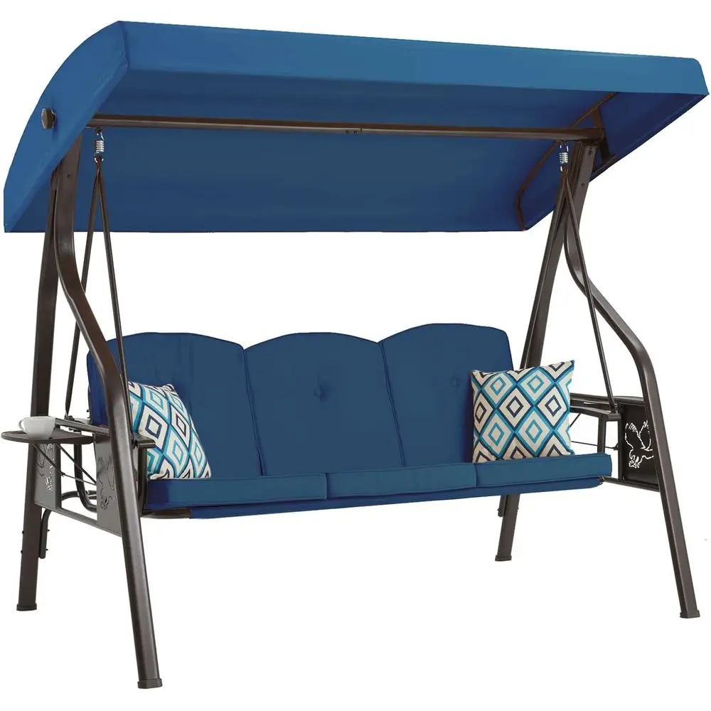 

Синие уличные качели на 3 человека с навесом, подставкой и подстаканником — раскладывающаяся качели на крыльце для патио