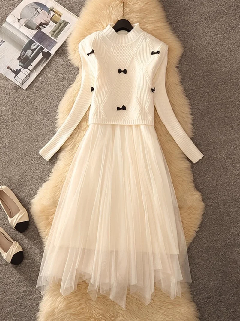 

French Knitted Long Sleeve Dress For Women 2025 New Autumn Edition Slim Fit Dress Elegant Sweater Vest 2 Piece Set W844
