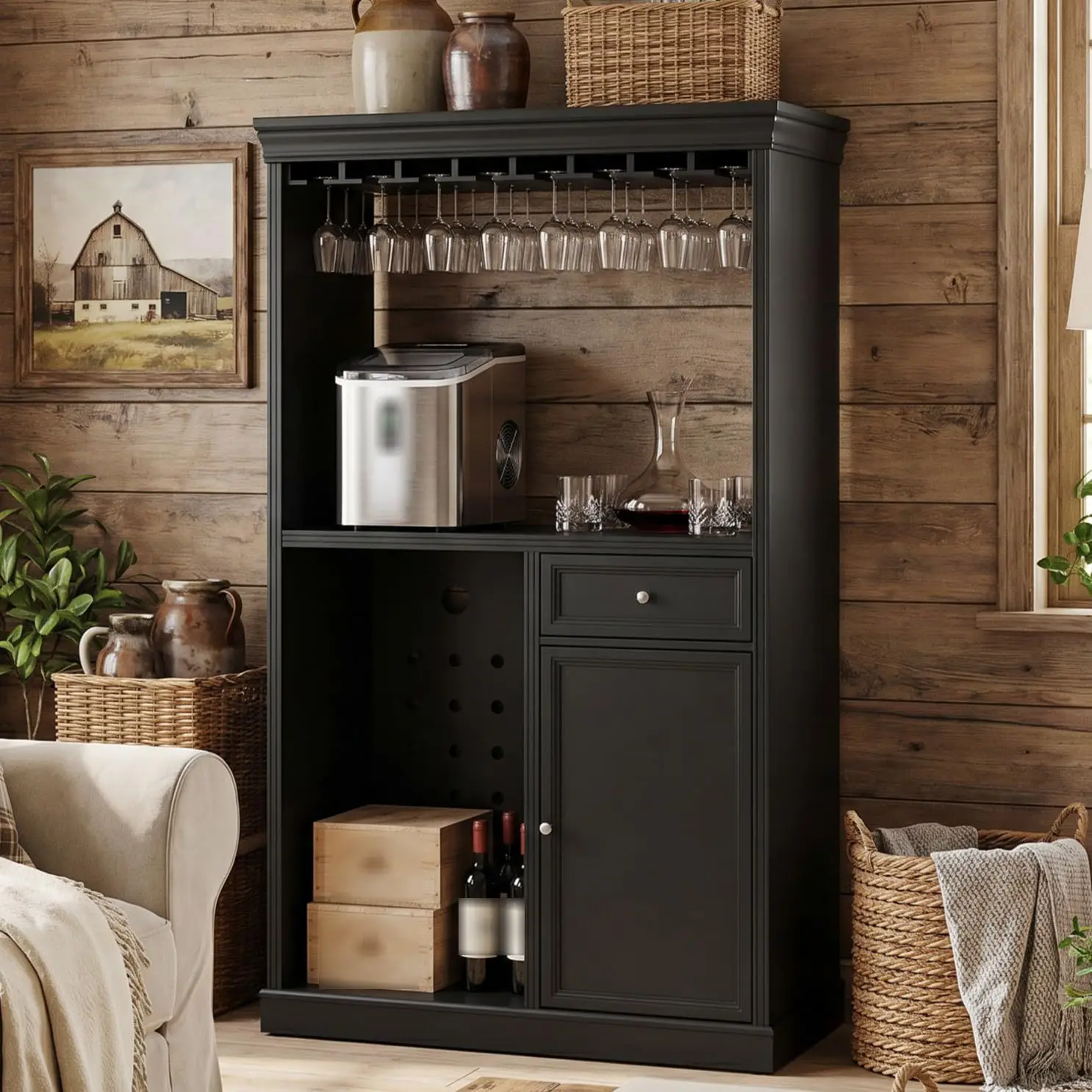 Modern Bar Cabinet with Stemware Rack & Storage Drawer, Mini Fridge Space Sideboard for Living Dining Room, Black, Customized