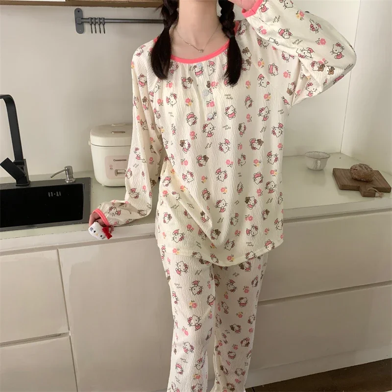 

Пижамы с рисунком «Hello Kitty», осенние хлопковые брюки с длинными рукавами, комплект из двух предметов, повседневные милые шелковые пижамы, женская одежда для дома Sanrio