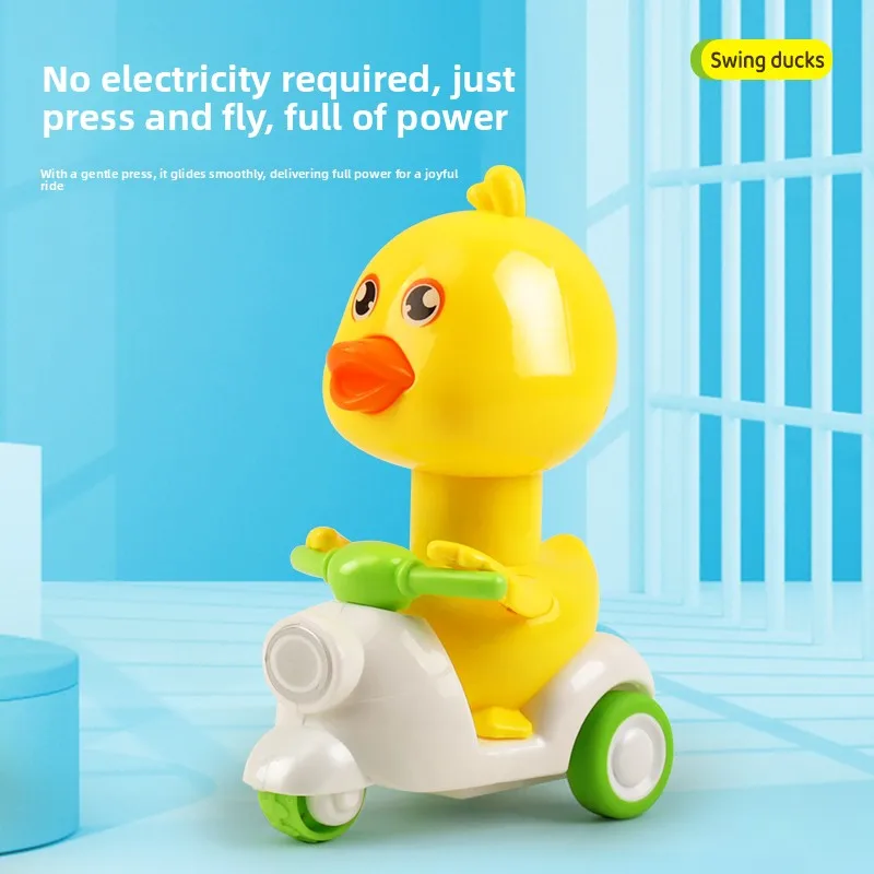 Manual Pressing Head Free Rotation Cute Duck Toys Press Car Motorcycle Anti-collision Baby Moveable Wind Up Toy Mini Car for Kid