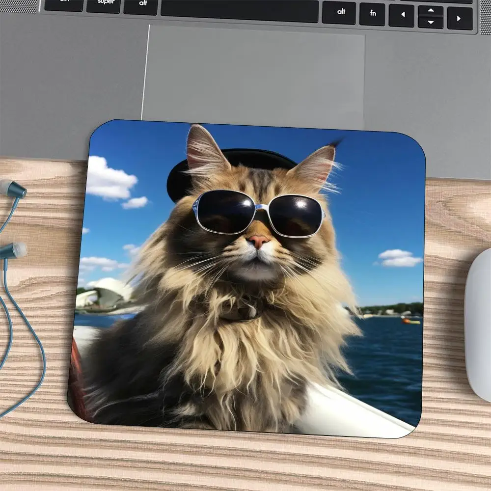 Summer Beach Sunglass Cat Square Mouse Pad Non Slip Rubber Base Smooth Desk Mat For Laptop Computer Home Office Gaming Mouse Mat