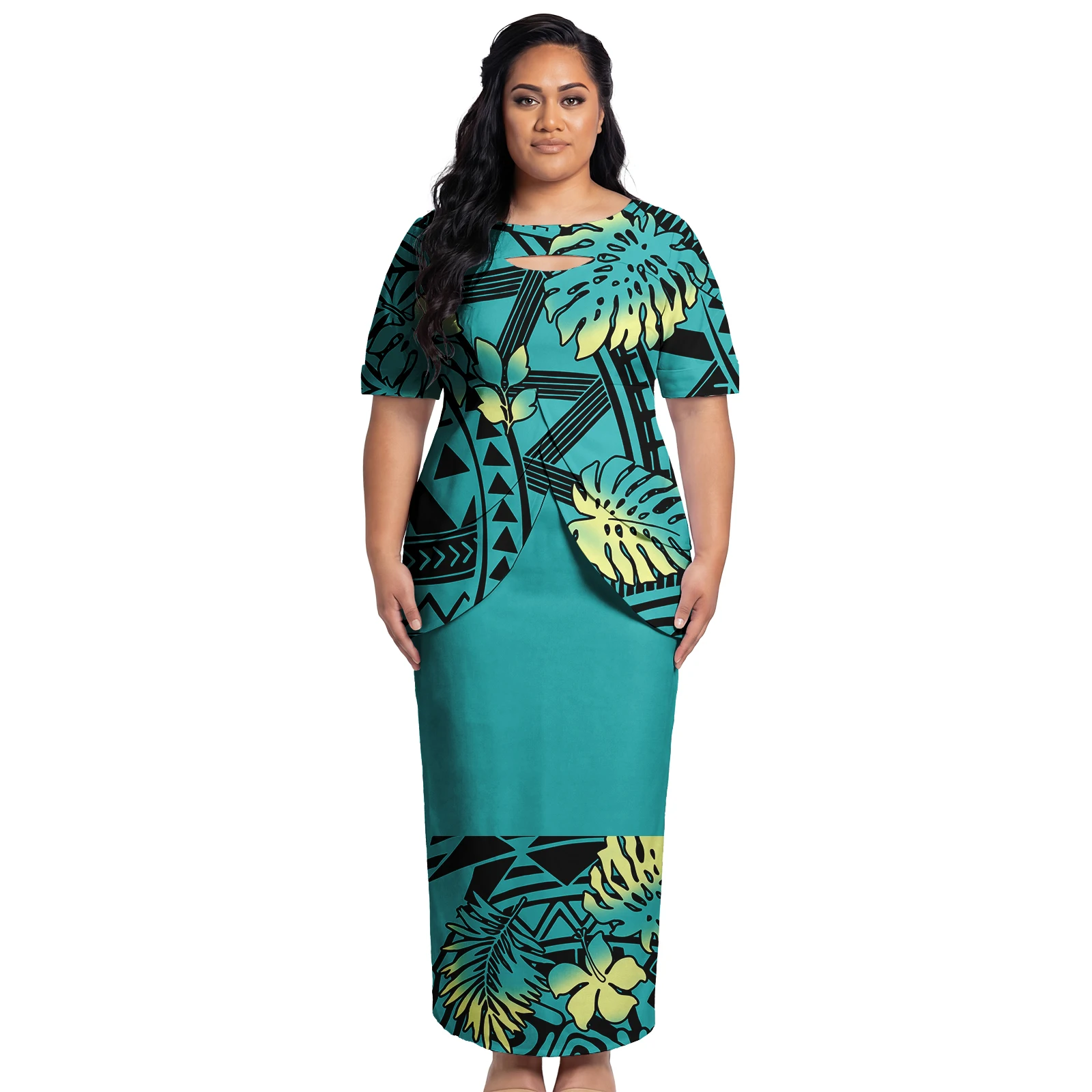 Oversize Clothing Samoan Ladies Excellent Puletasi Polynesian Double Layer Slit Top and Skirts 2pc Set Women Hawaiian Dresses