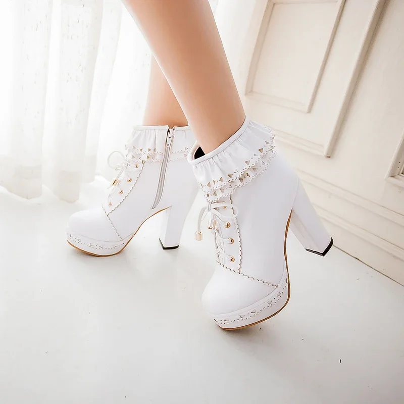 Sweet Ruffle Lolita Platform Ankle Boots Women High Thick Heel Pink White Cosplay Party Winter Princess Zipper Plush Short Boots