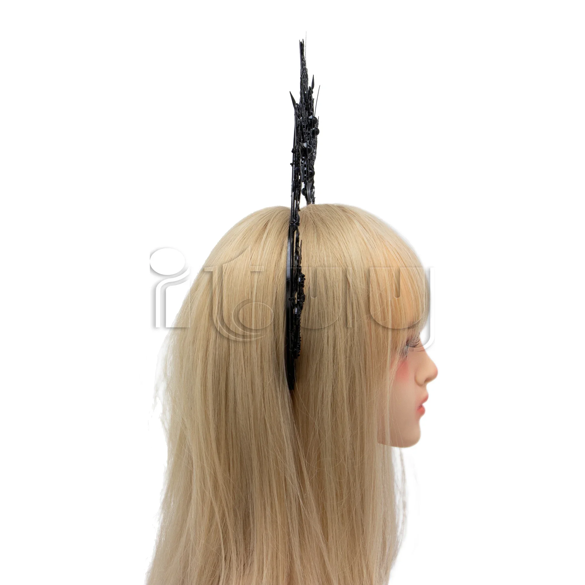 Handmade Gothic Lolita Pearl Sun Virgin Cross Crown Punk Headpiece  Black Spiked KC Halo Headband