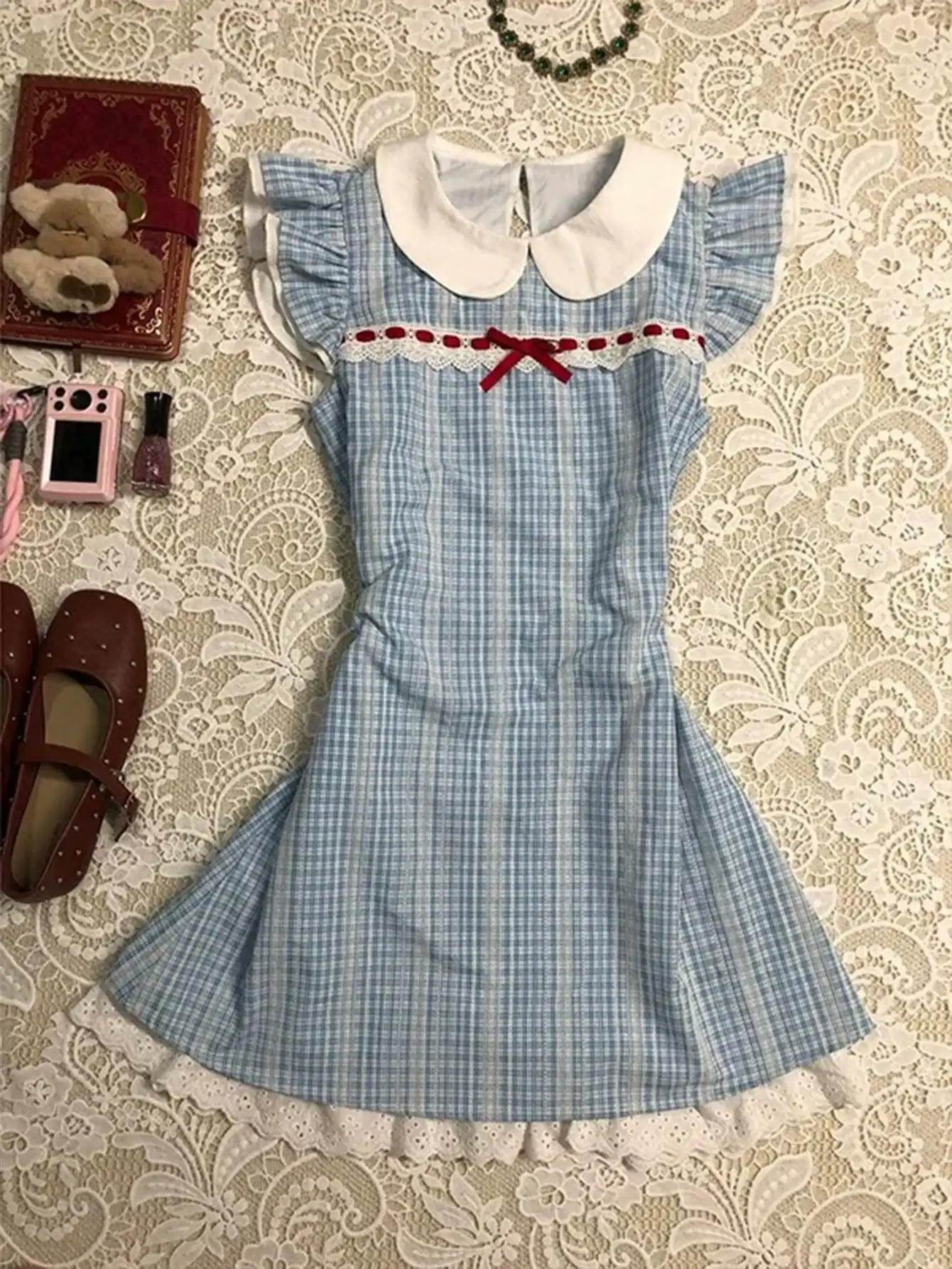 

Everyssa Retro Sweet Cap Sleeve Peter Pan Collar Plaid Contrast Lace Trim Mini Dress For Women