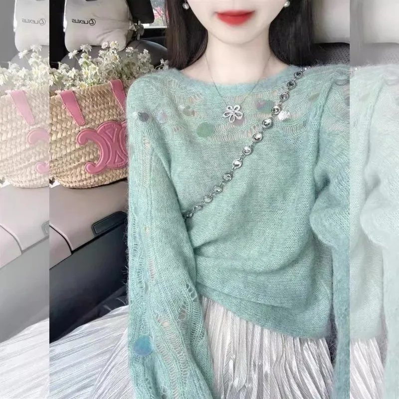 

Women Clothes Spring Autumn Fashion Simplicity Bright Silk Knitting Ladies All-match Lazy Wind Appear Thin Long Sleeve Hollow Ou