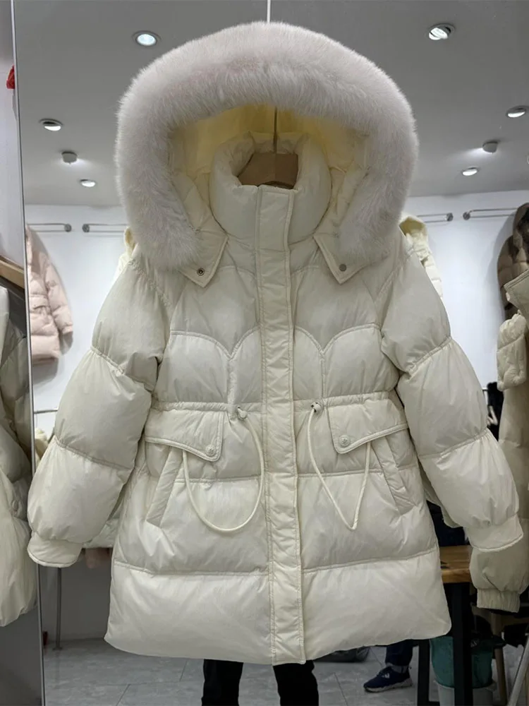 

New Winter Women Real Fox Fur Collar Thick Warm Puffer Coat Hooded Down Jacket Luxury Outwear Female Loose Parkas