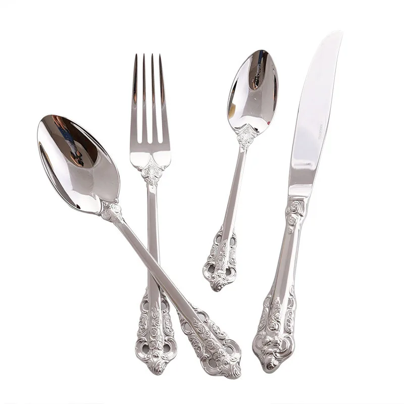 Luxury Vintage Cutlery Tableware Set 24pcs Silver 304 Stainless Steel Steak Knives Forks Spoons Western Dinnerware Sets