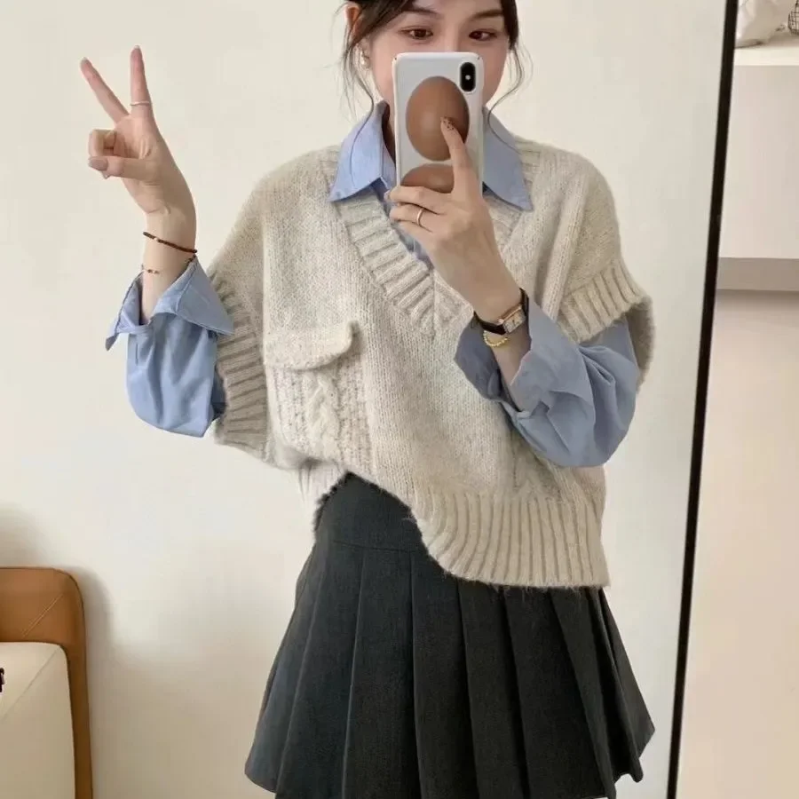 

Корейский однотонный вязаный жилет с v-образным вырезом для колледжа, женский жилет, свободный свитер, рубашка с длинными рукавами и воротником-поло, модный комплект из двух предметов
